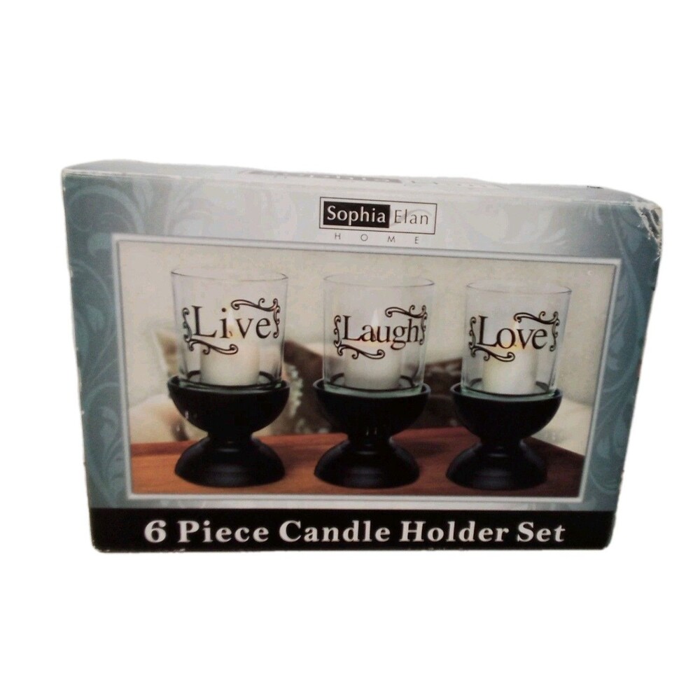 Vintage Style Live Laugh Love 6 Piece Candle Holder Set New In Box